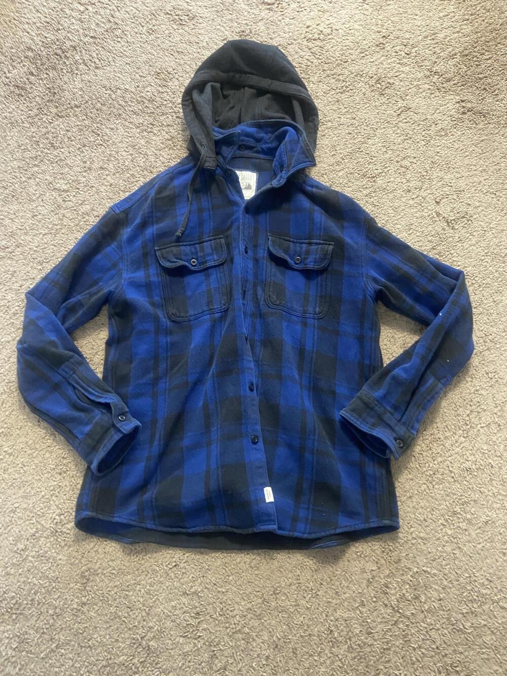 American Eagle Jacket Mens Large Blue Plaid Flannel Hooded Button Front Lined